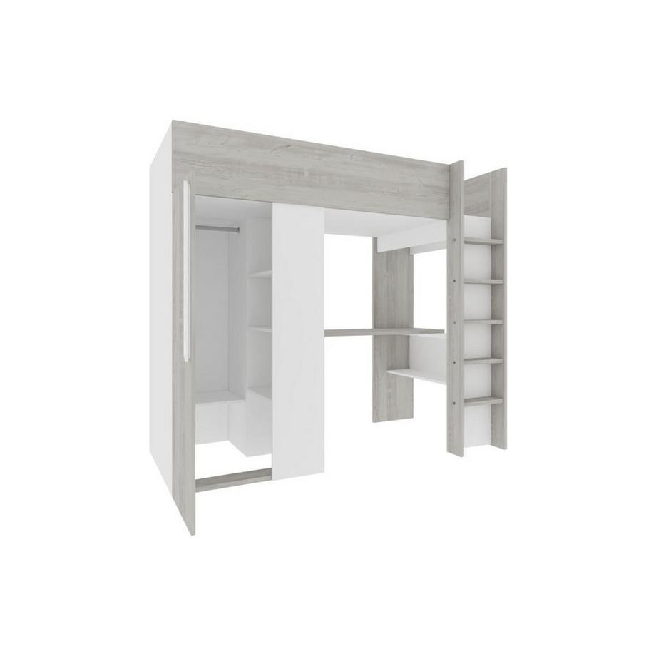 Vente-unique Lit mezzanine 90 x 200 cm avec armoire et bureau - Naturel grisé et blanc - NICOLAS  