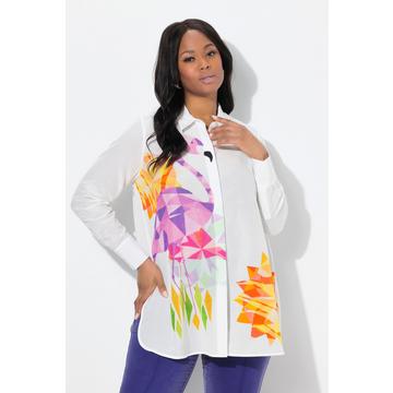 Blusa dal taglio svasato con fenicotteri, colletto da camicia e maniche lunghe