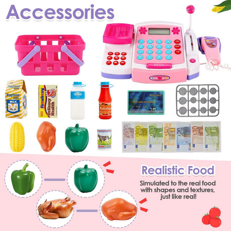 Activity-board  Großes Kinder-Kassenspielzeug mit Scanner, Waage, Lautsprechermikrofon, Taschenrechner, Spielkasse mit Licht und Sound, Laden-Zubehör 