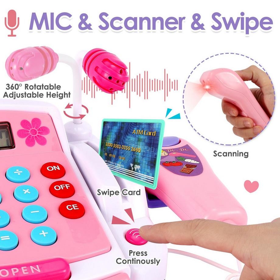Activity-board  Großes Kinder-Kassenspielzeug mit Scanner, Waage, Lautsprechermikrofon, Taschenrechner, Spielkasse mit Licht und Sound, Laden-Zubehör 