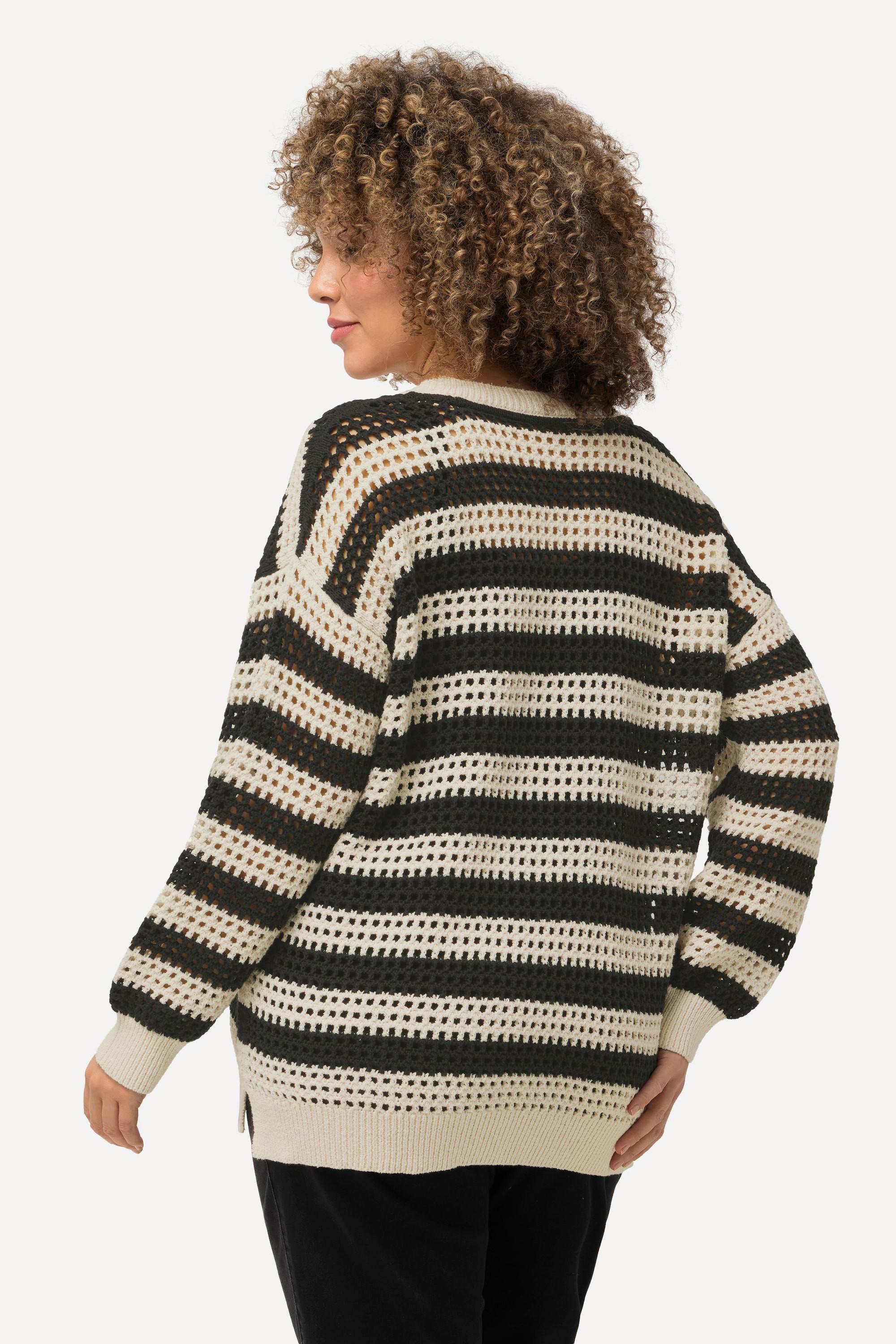 Ulla Popken  Pull en maille crochet oversized à rayures, col rond et manches longues 