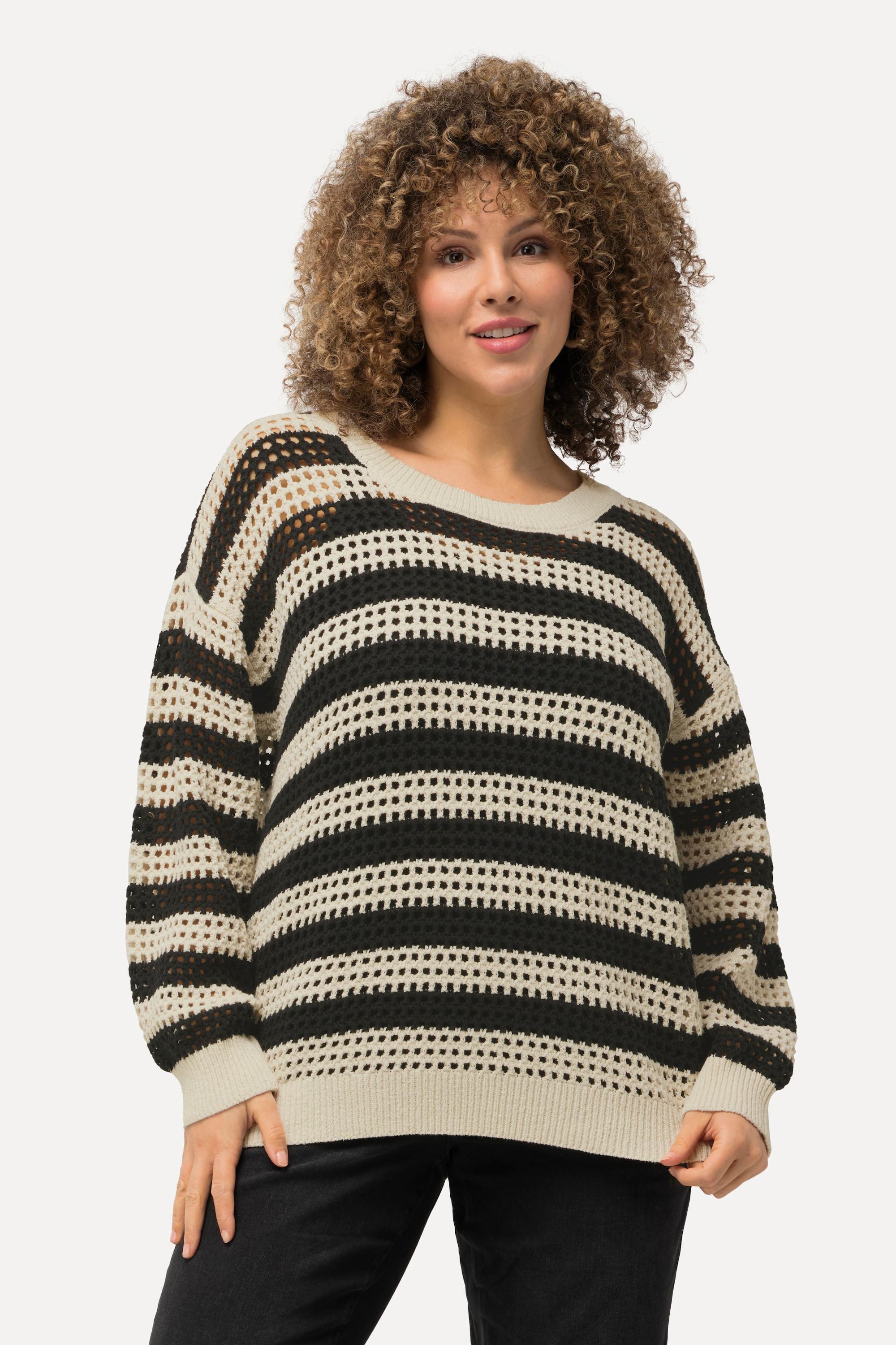 Ulla Popken  Pull en maille crochet oversized à rayures, col rond et manches longues 