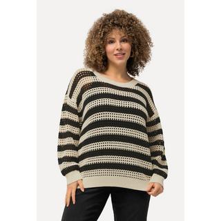 Ulla Popken  Pull en maille crochet oversized à rayures, col rond et manches longues 