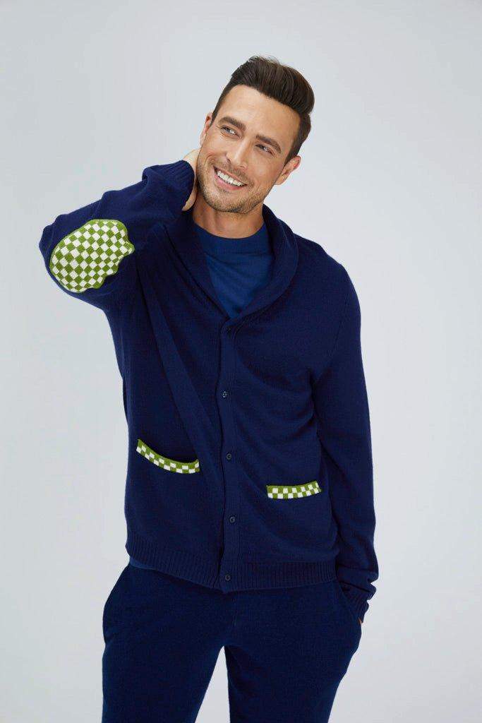 Bellemere New York  Cardigan mérinos bleu marine et vert 