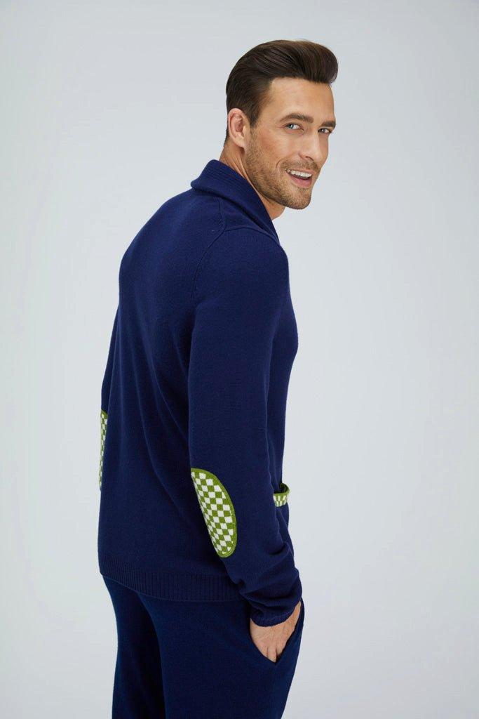 Bellemere New York  Cardigan mérinos bleu marine et vert 