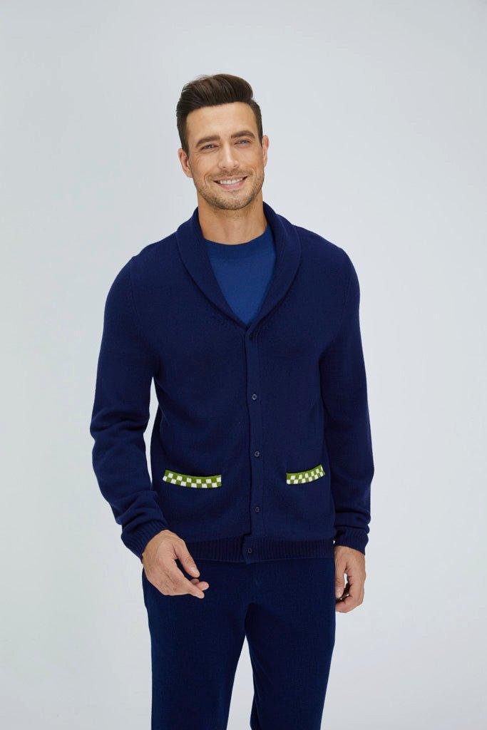 Bellemere New York  Cardigan mérinos bleu marine et vert 