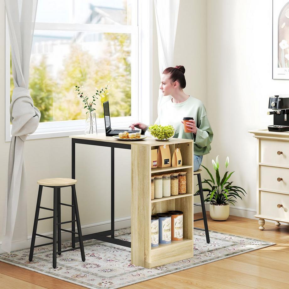 Northio  Bartisch mit Barhocker Set, 3-tlg. Bartisch-Set mit Küchentisch, Stauraum, 2 Hocker, Fußstützen, im Modern-Stil, Platzsparend Essgruppe für Esszimmer, Küche, Stahl, Eiche Aosom 