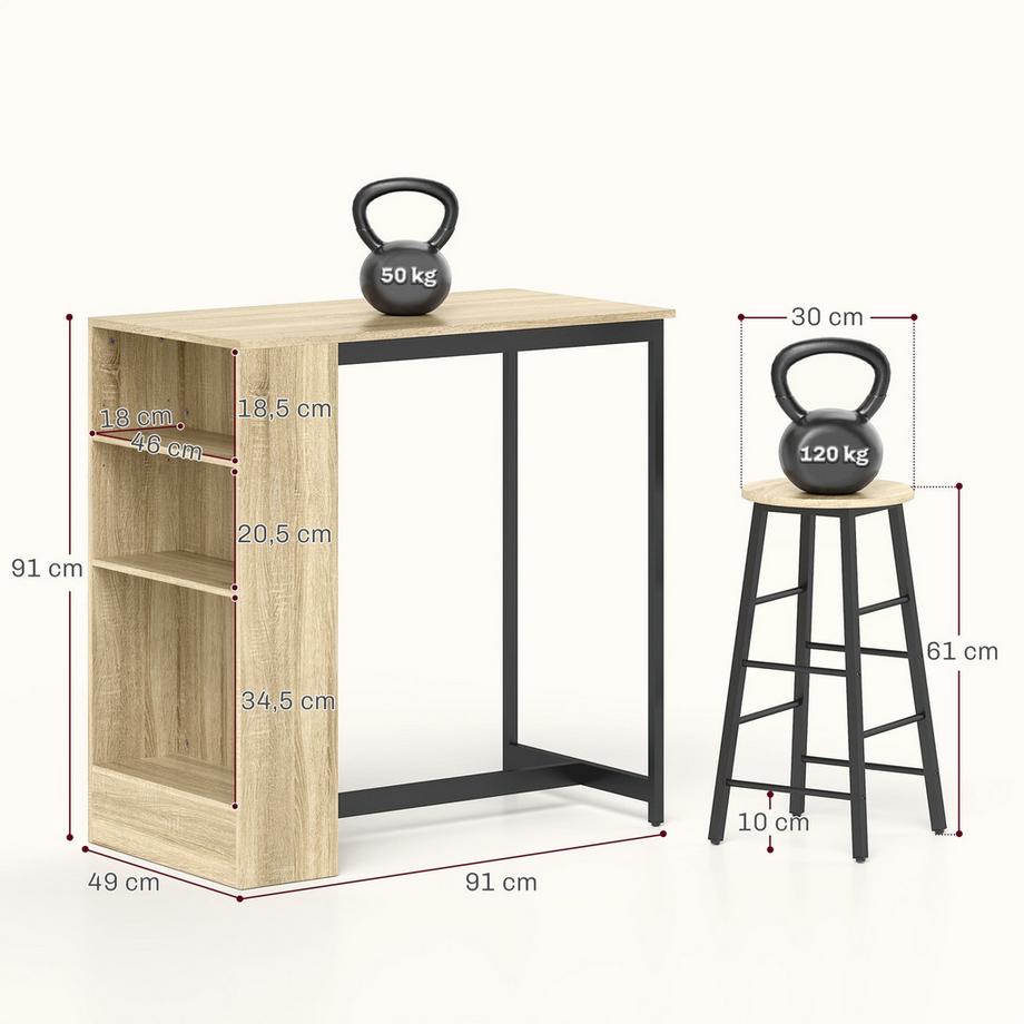 Northio  Bartisch mit Barhocker Set, 3-tlg. Bartisch-Set mit Küchentisch, Stauraum, 2 Hocker, Fußstützen, im Modern-Stil, Platzsparend Essgruppe für Esszimmer, Küche, Stahl, Eiche Aosom 