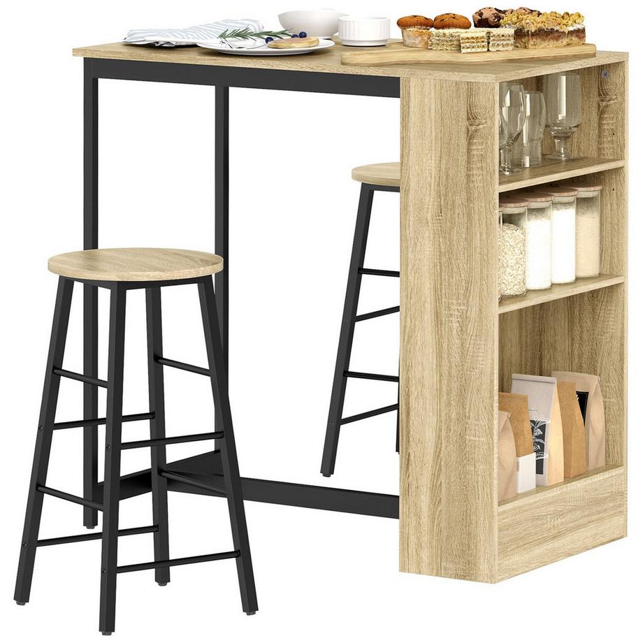 Northio  Bartisch mit Barhocker Set, 3-tlg. Bartisch-Set mit Küchentisch, Stauraum, 2 Hocker, Fußstützen, im Modern-Stil, Platzsparend Essgruppe für Esszimmer, Küche, Stahl, Eiche Aosom 