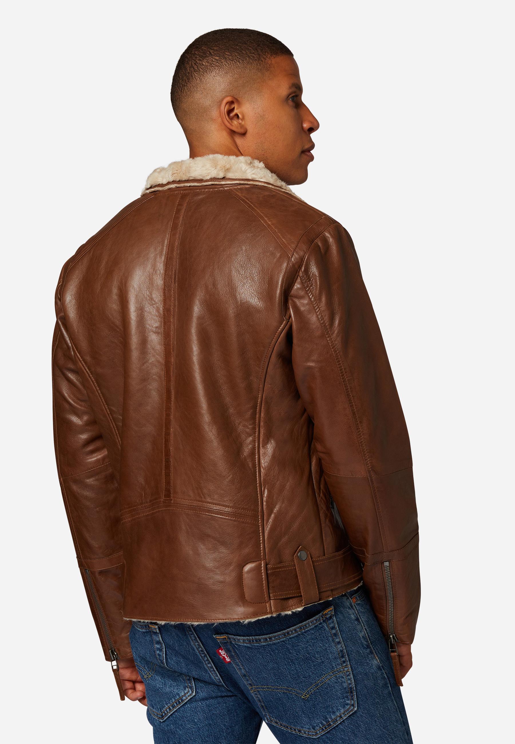 RICANO  Veste en cuir pour homme Harlem - Style Biker avec doublure en fourrure 