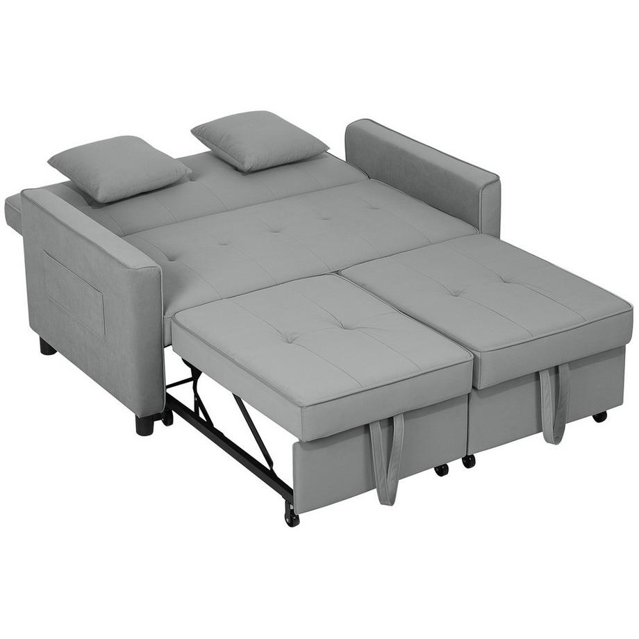 Schlafsofa, 2-Sitzer Sofa mit Schlaffunktion, Verstellbare Rückenlehne, Couch mit Kissen, Samtoptik, L-förmige Schlafcouch mit Bettkasten, Rollen für Wohnzimmer, Gästezimmer, Grau |