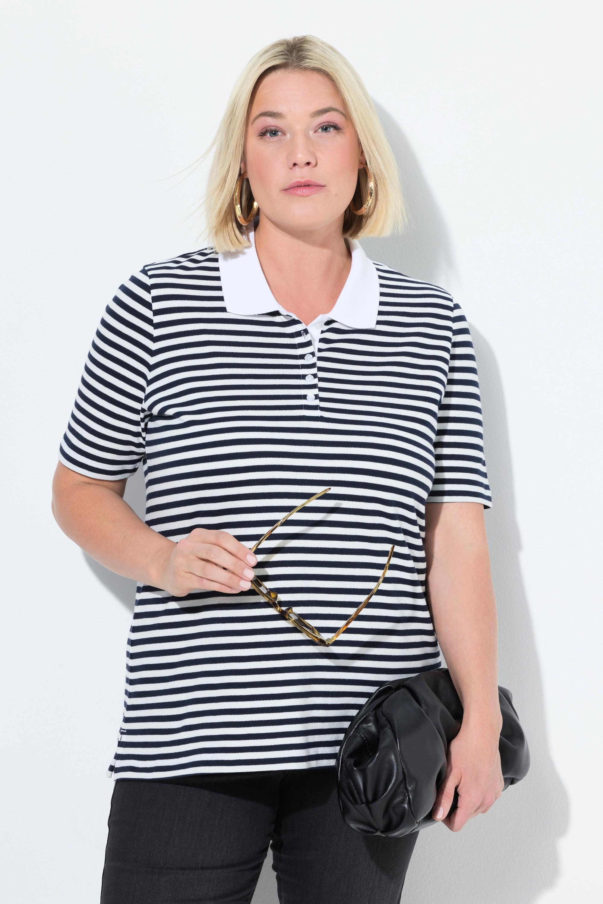 Ulla Popken Poloshirt Classic Fit Piqué Ringel Halbarm  