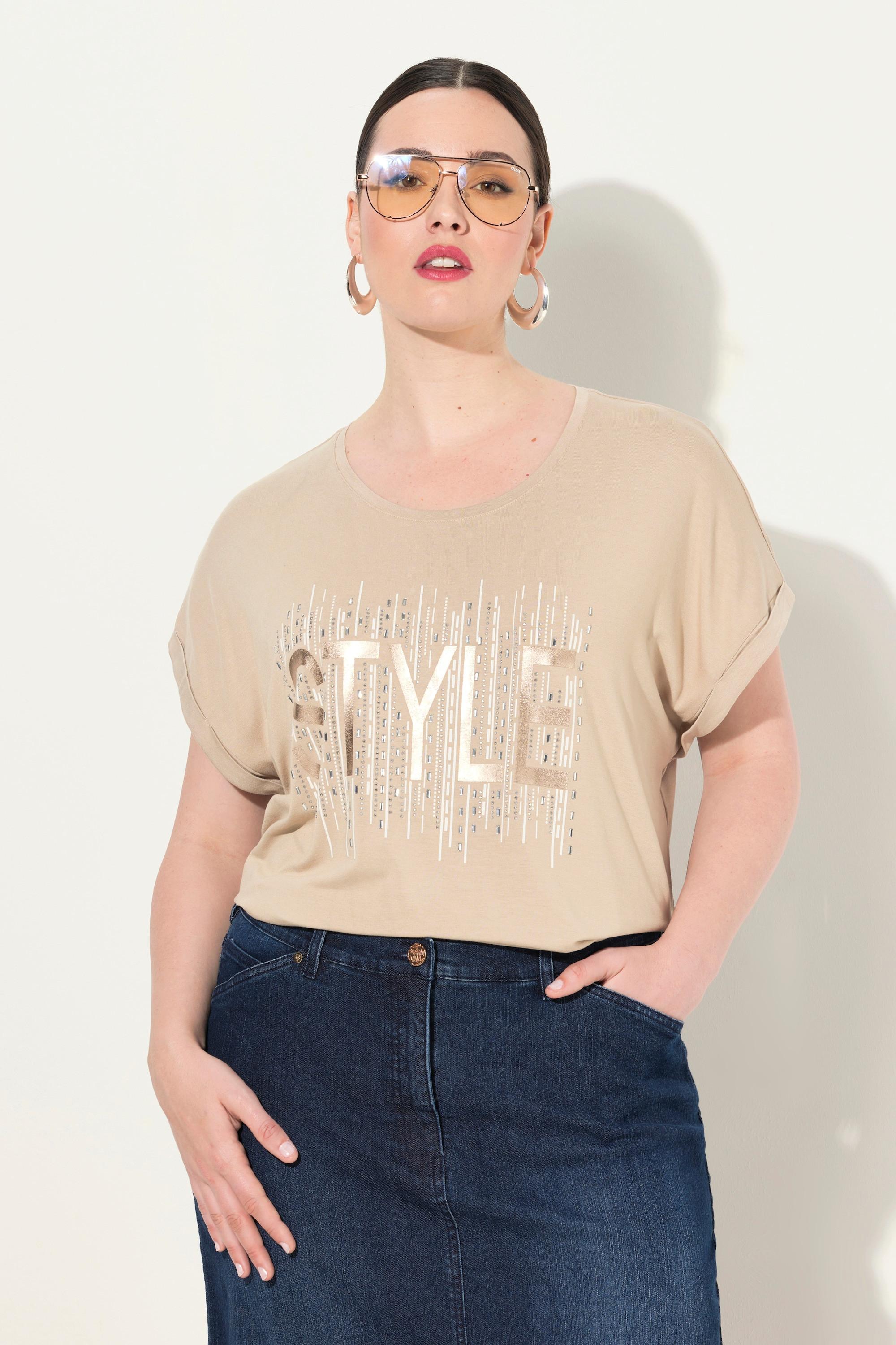 Ulla Popken  T-shirt dal taglio oversize con applicazioni, scollo rotondo e mezze maniche 