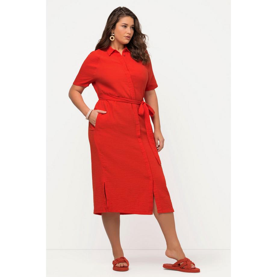 Ulla Popken Midikleid Hemdkragen Halbarm Musselin Biobaumwolle  