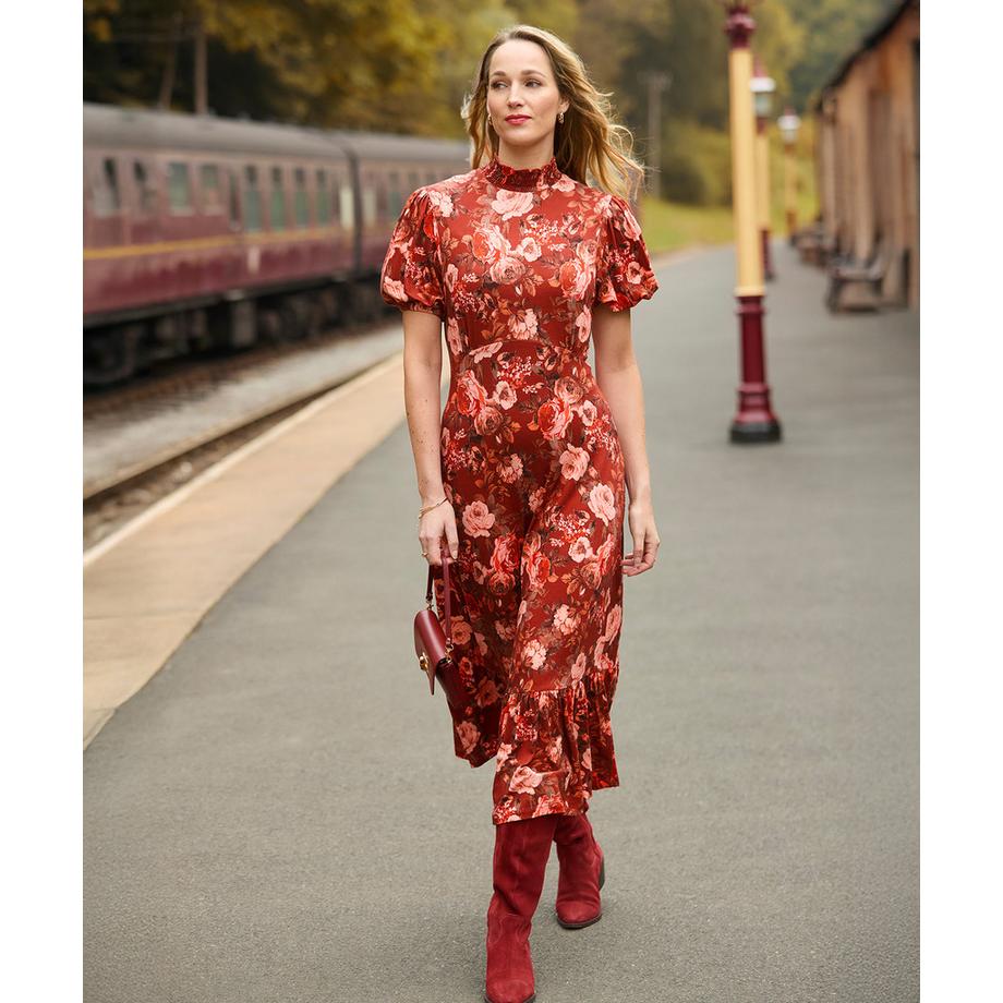 Joe Browns Oversized Vintage Jerseykleid mit Puffärmeln Herbstmuster  