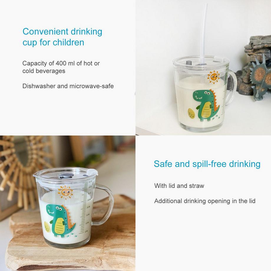 Intirilife Intirilife Verre à boire pour enfants transparent avec couvercle, échelle et paille avec design dinosaure  