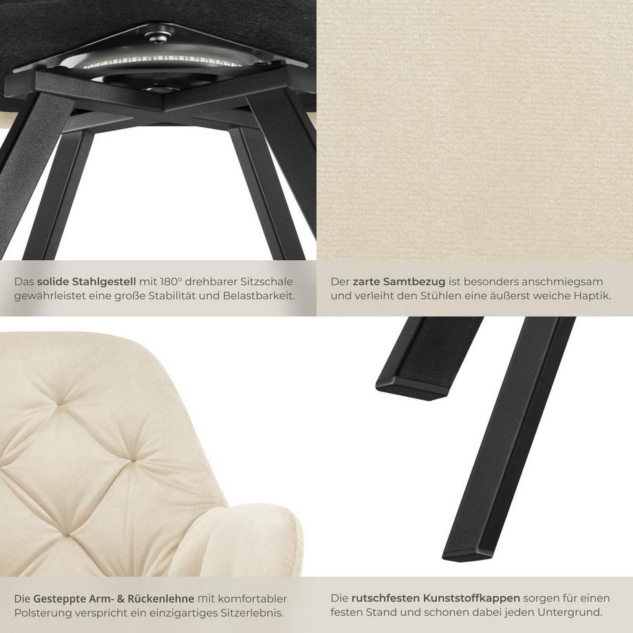 Tectake Drehbarer Samt-Armlehnstuhl Lucia gepolstert, mit Steppmuster mit durchgehender Lehne  