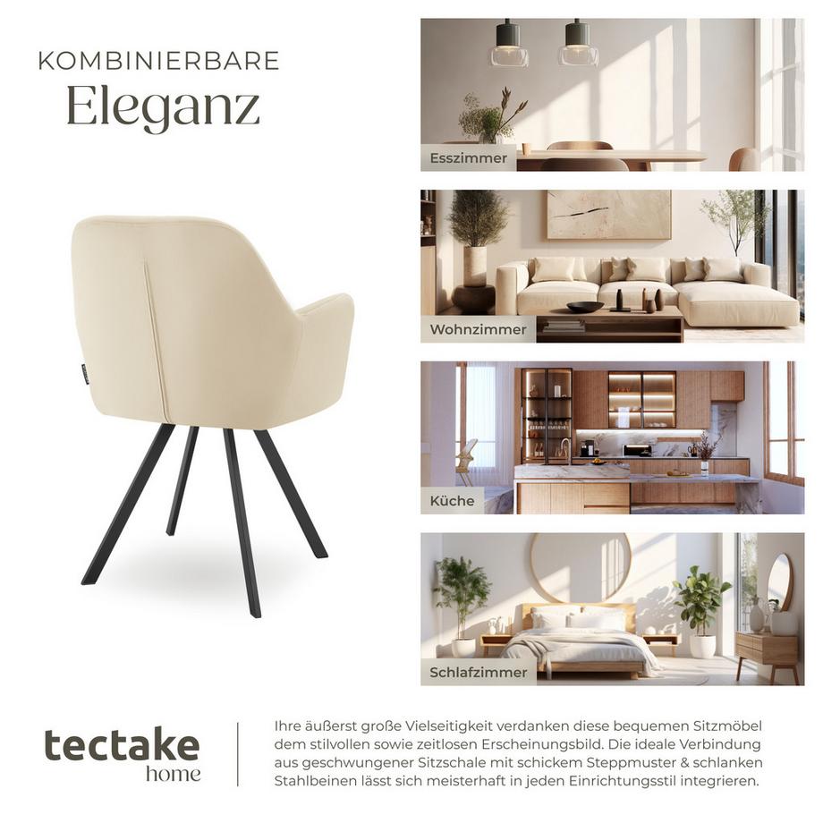 Tectake Drehbarer Samt-Armlehnstuhl Lucia gepolstert, mit Steppmuster mit durchgehender Lehne  