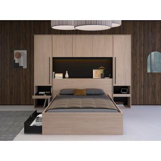 Vente-unique Pont de lit avec rangements - Avec LEDs - L265 cm - Coloris : Naturel et noir - VELONA  