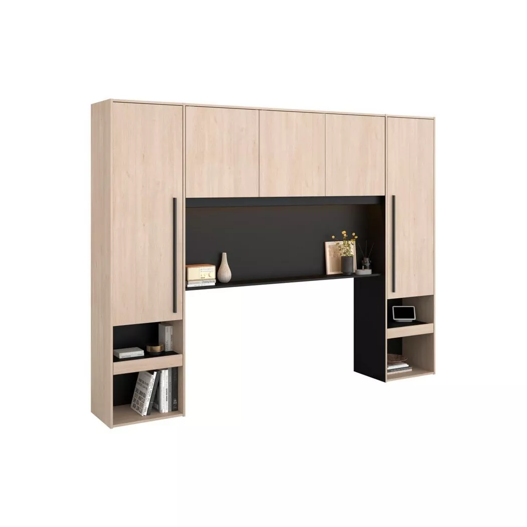 Pont de lit avec rangements - Avec LEDs - L265 cm - Coloris : Naturel et noir - velona