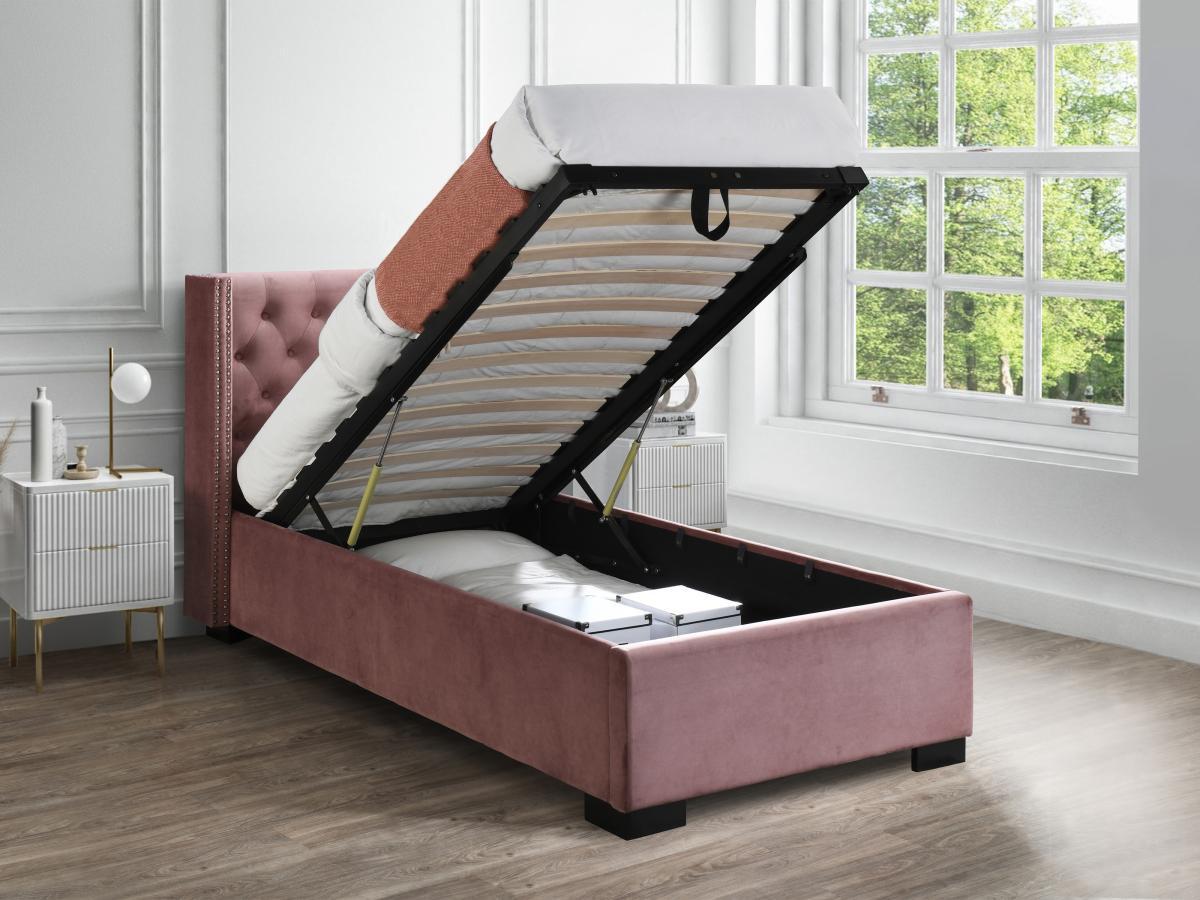 Vente-unique Bett mit Bettkasten - 90 x 200 cm - gestepptes Kopfteil - Stoff - Rosa - MASSIMO  