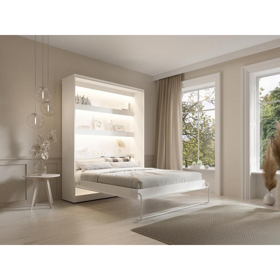 Vente-unique Lit escamotable 160 x 200 cm - Ouverture verticale manuelle - Avec LEDs - Blanc + Matelas - RAPILI  