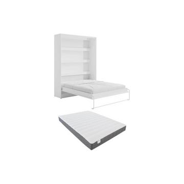 Lit escamotable 160 x 200 cm - Ouverture verticale manuelle - Avec LEDs - Blanc + Matelas - RAPILI