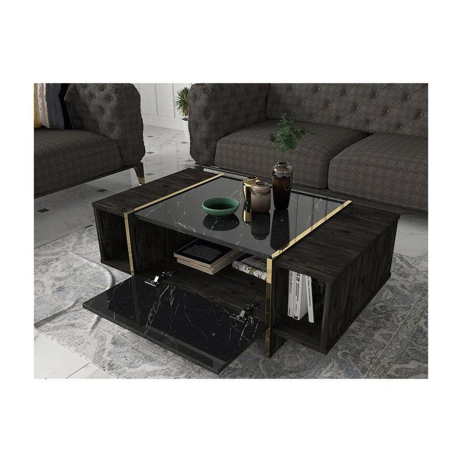 Vente-unique Couchtisch mit 1 Tür & 2 Ablagen - Marmor-Optik Schwarz & Goldfarben - CADEBA  