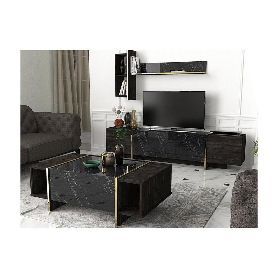 Vente-unique Couchtisch mit 1 Tür & 2 Ablagen - Marmor-Optik Schwarz & Goldfarben - CADEBA  