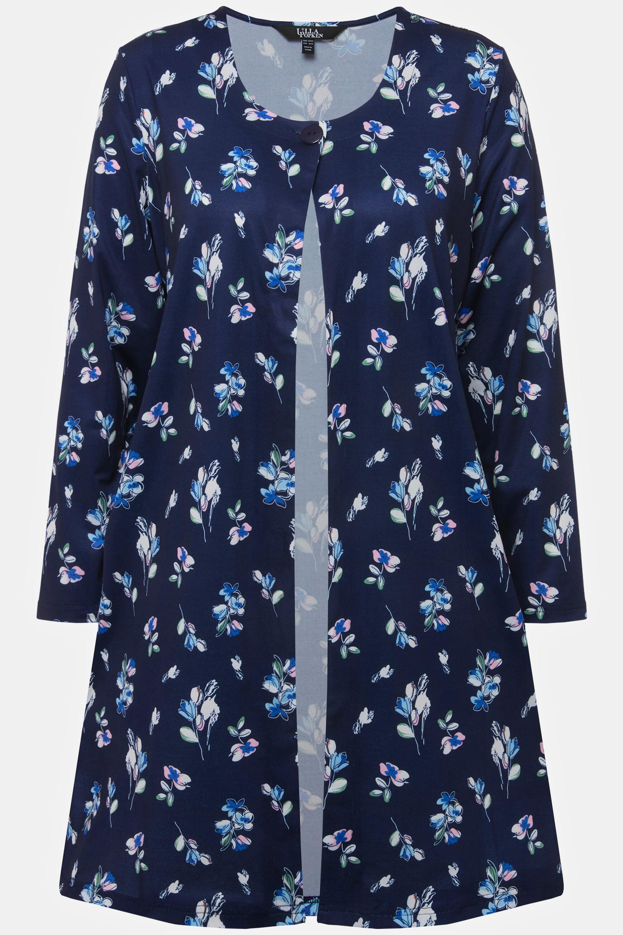 Ulla Popken  Veste en jersey à manches longues et col rond, fermeture boutonnée, micro-motif floral 