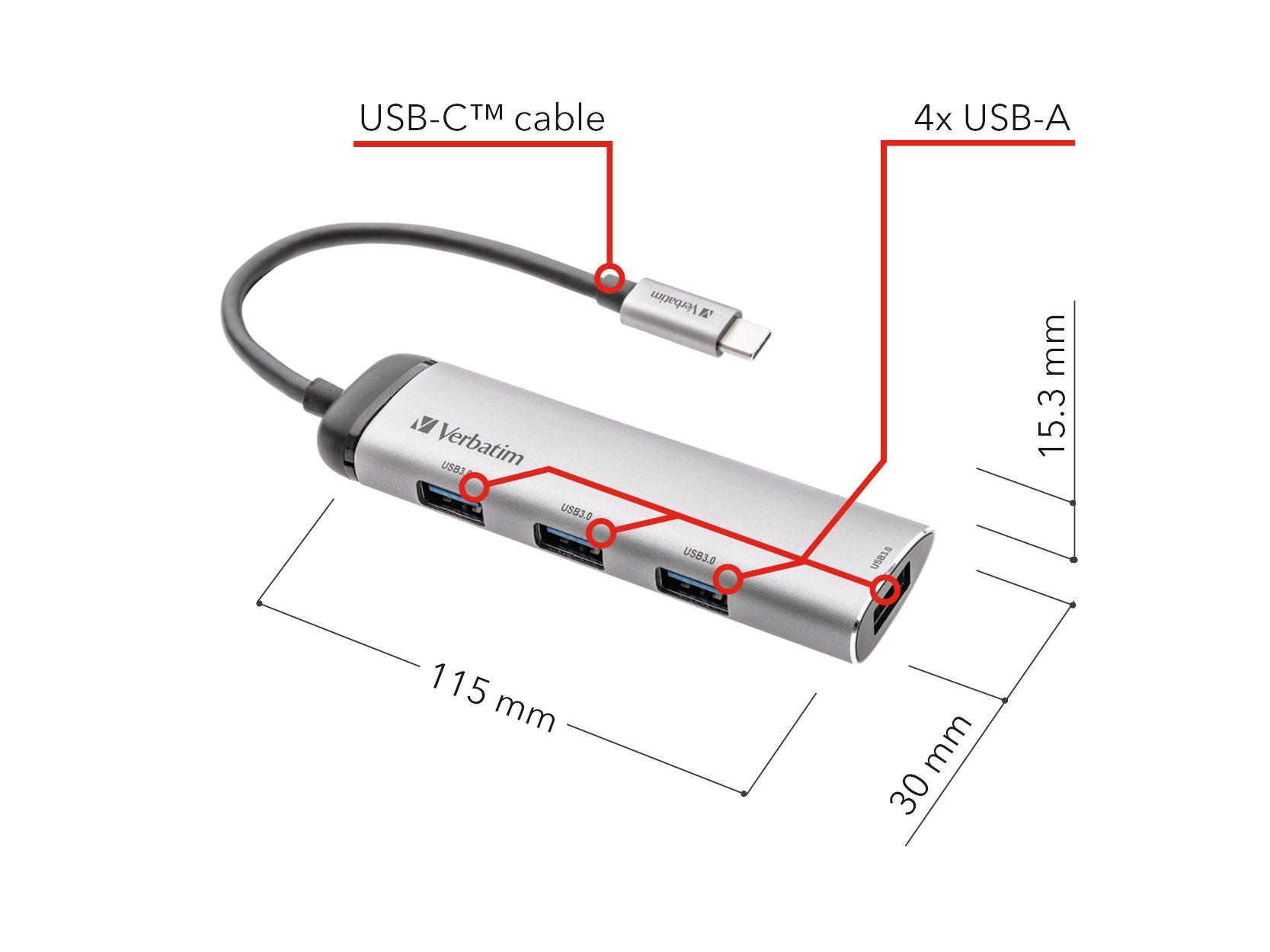 Verbatim  USB Multiport HUB (4 Ports, USB A, USB C, 15 cm) 