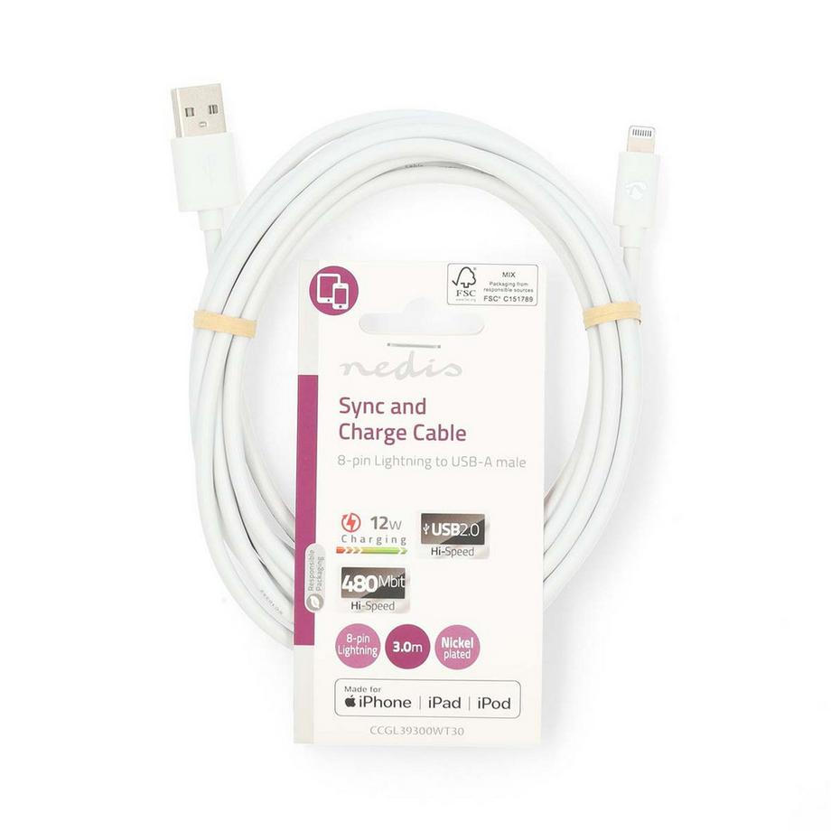Nedis  Cavo Fulmine | USB 2.0 | Apple Lightning a 8 pin | USB-A maschio | 480Mbps | Nichelato | 3,00 | Rotondo | PVC | Bianco | Etichetta 