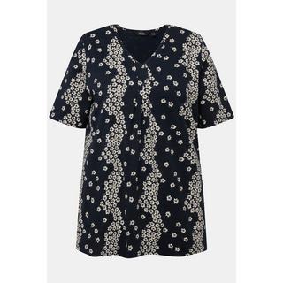 Ulla Popken  T-shirt a fiori con pieghe decorative, scollatura a V e mezze maniche 