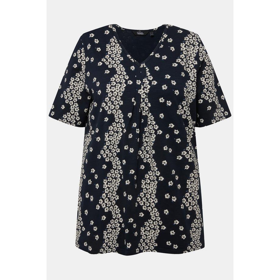 Ulla Popken T-shirt floreale pieghe decorative Scollatura a V Mezze maniche  
