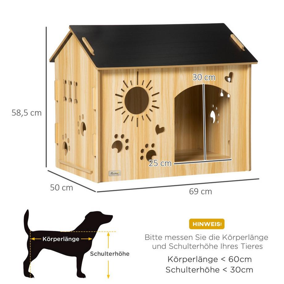 Northio  Hundehütte Aus Holz Kleintierhaus Mit Lüftungsöffnungen Hundehaus Mit Dach Hundehöhle Indoor Mdf Eiche+Schwarz 69 X 50 X 58,5 Cm 