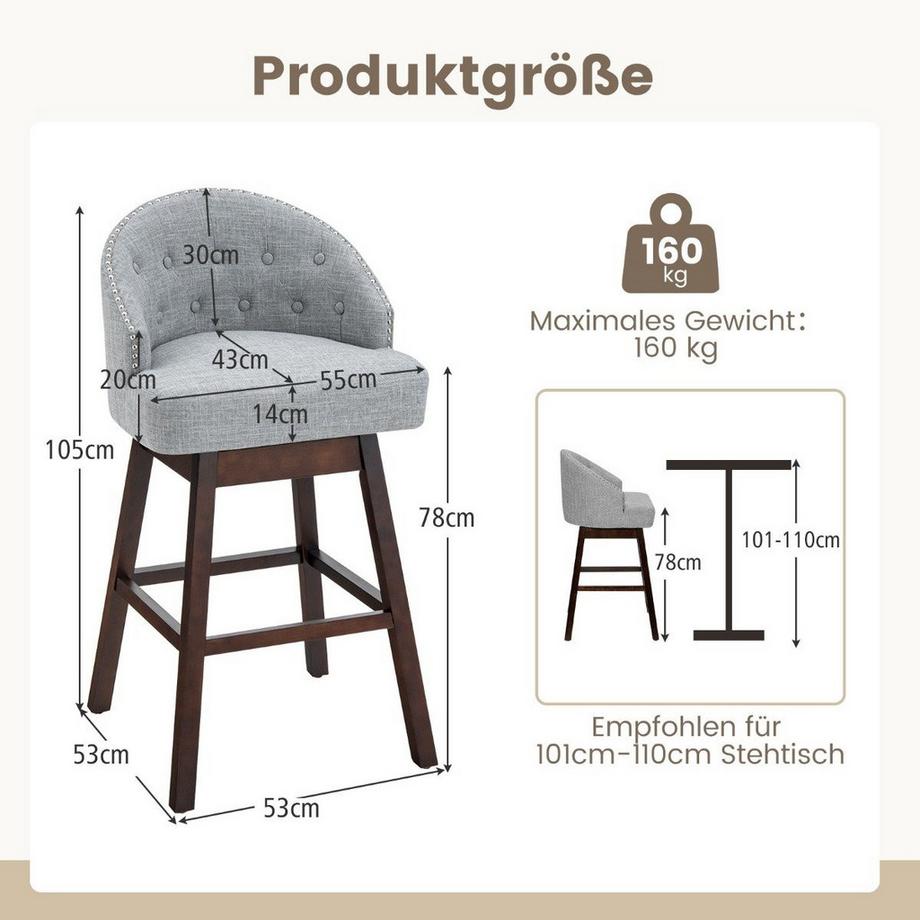 B2X Barhocker 2er Set Barstuhl 360° drehbar Küchenhocker mit Lehne und Fußstütze  