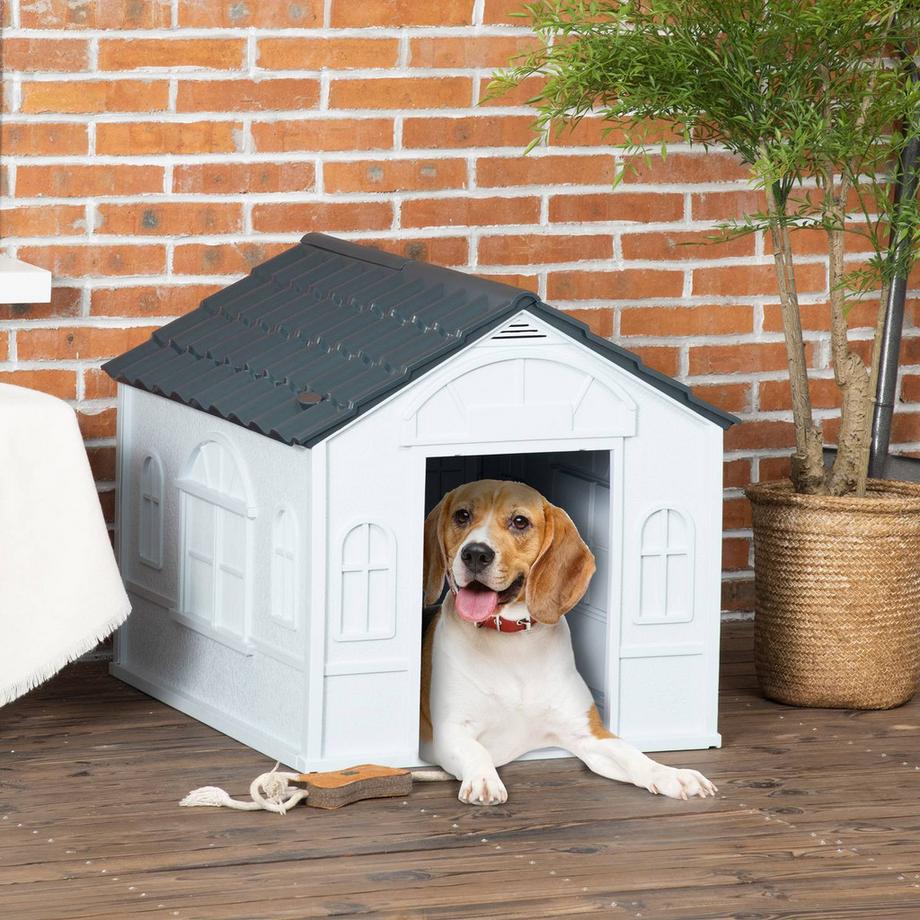 Northio  Hundehütte, Hundehaus mit Satteldach, wetterfest Kleintierhaus für mittelgroße Hunde unter 20 kg, Hundehütte Outdoor, 65 x 75,7 x 63 cm, Grau 