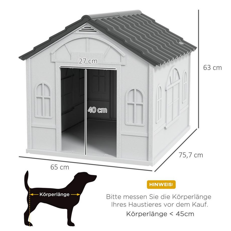 Northio  Hundehütte, Hundehaus mit Satteldach, wetterfest Kleintierhaus für mittelgroße Hunde unter 20 kg, Hundehütte Outdoor, 65 x 75,7 x 63 cm, Grau 