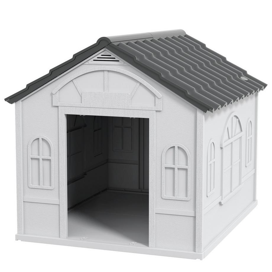 Northio  Hundehütte, Hundehaus mit Satteldach, wetterfest Kleintierhaus für mittelgroße Hunde unter 20 kg, Hundehütte Outdoor, 65 x 75,7 x 63 cm, Grau 