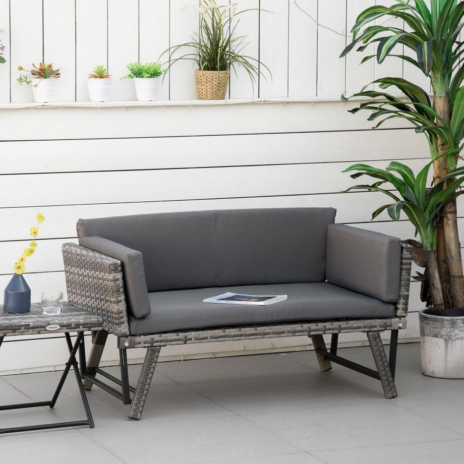 Northio Polyrattan Gartensofa 2-Sitzer Loungesofa In Grau, Klappbare Armlehnen, Stahl, 129X63X67Cm, Für Garten & Terrasse  