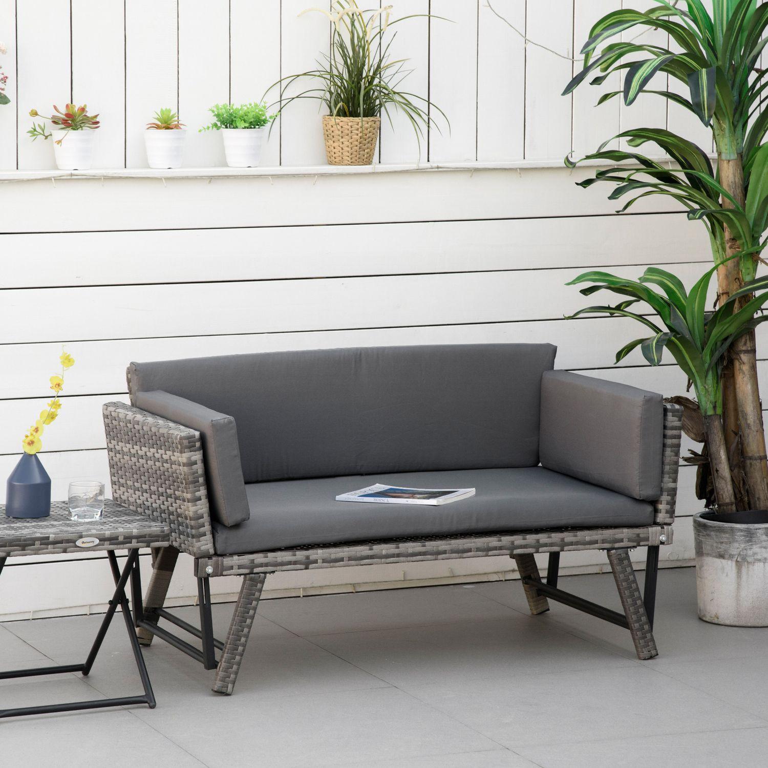 Northio Canapé De Jardin En Polyrotin, Canapé De Salon 2 Places En Gris, Accoudoirs Pliants, Acier, 129X63X67Cm, Pour Jardin Et Terrasse  