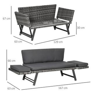 Northio Canapé De Jardin En Polyrotin, Canapé De Salon 2 Places En Gris, Accoudoirs Pliants, Acier, 129X63X67Cm, Pour Jardin Et Terrasse  