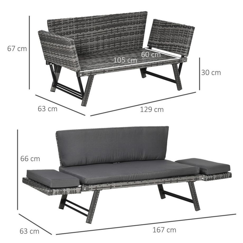 Northio Polyrattan Gartensofa 2-Sitzer Loungesofa In Grau, Klappbare Armlehnen, Stahl, 129X63X67Cm, Für Garten & Terrasse  