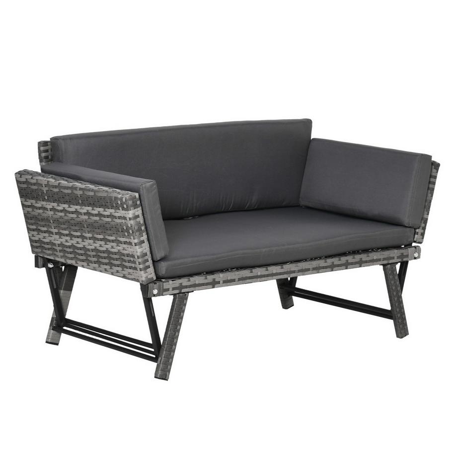 Polyrattan Gartensofa 2-Sitzer Loungesofa In Grau, Klappbare Armlehnen, Stahl, 129X63X67Cm, Für Garten & Terrasse