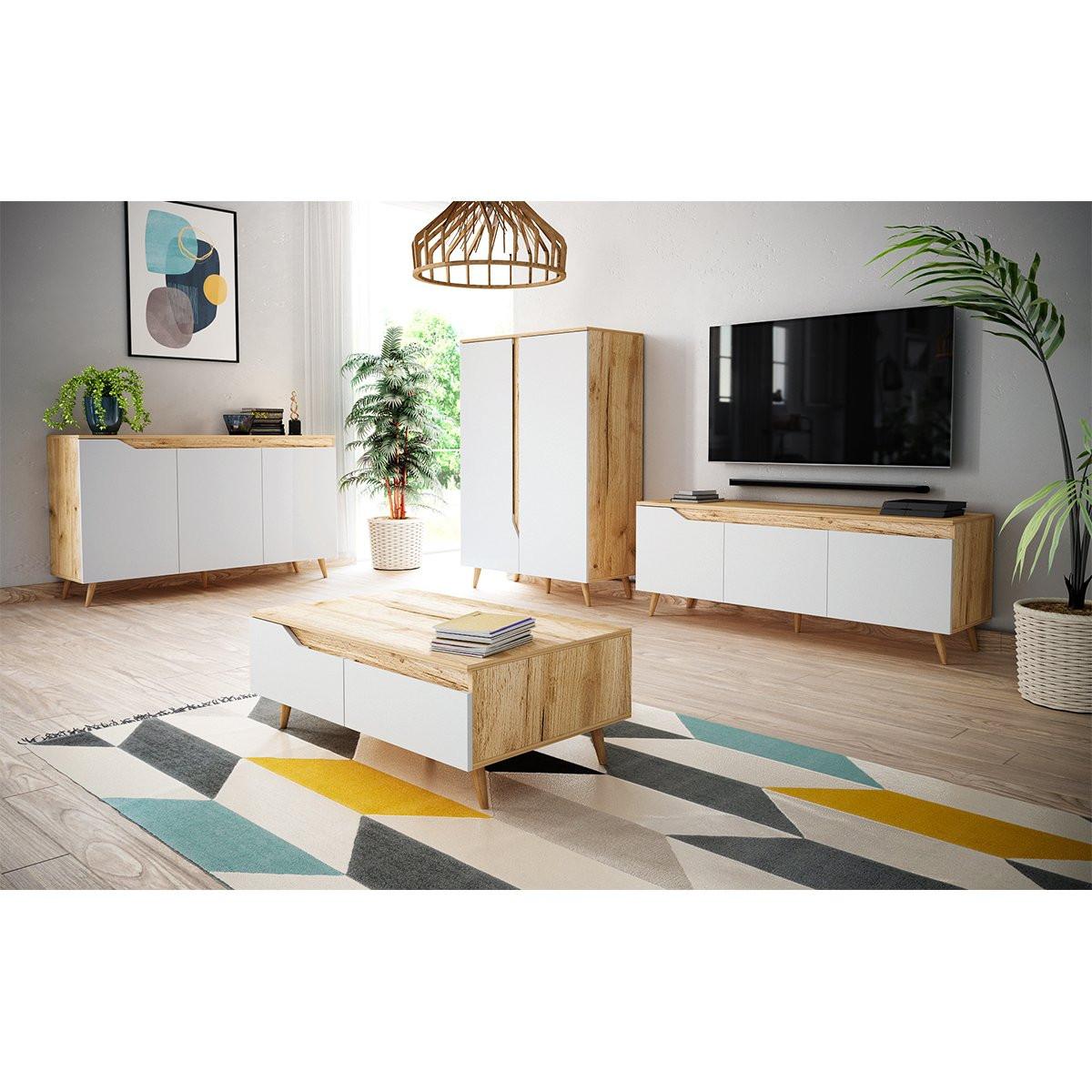 Calicosy Tavolino basso scandinavo 1 cassetto L100 cm - Effetto legno e bianco  