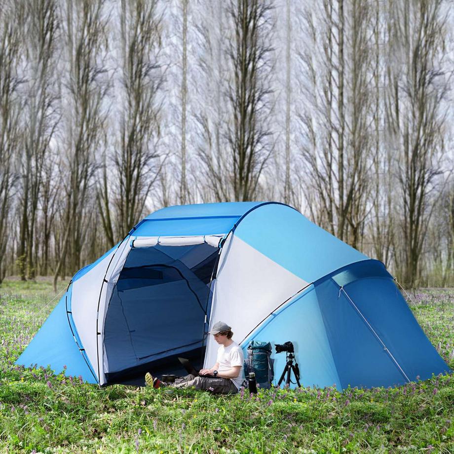 Northio  Campingzelt Familienzelt Tunnelzelt Mit 2 Schlafkabinen 4-6 Personen Blau L430 X B240 X H170Cm 