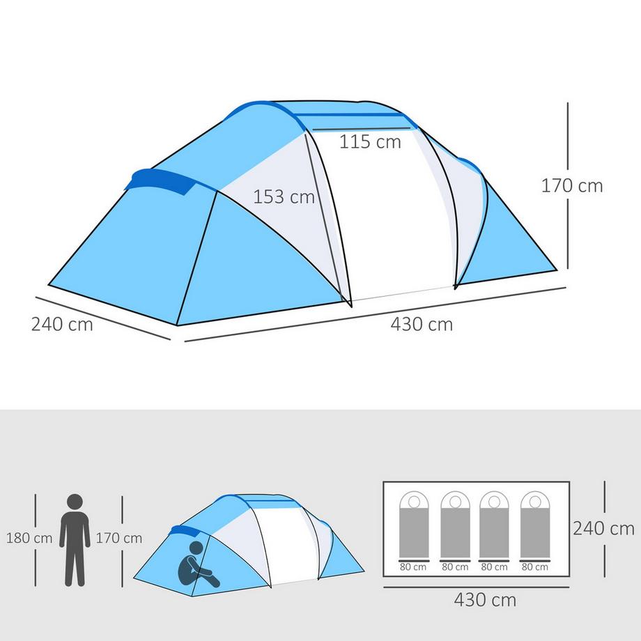 Northio  Campingzelt Familienzelt Tunnelzelt Mit 2 Schlafkabinen 4-6 Personen Blau L430 X B240 X H170Cm 