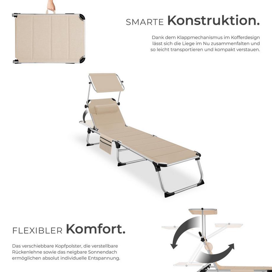Tectake Sonnenliege Lorella gepolstert, klappbar mit Aluminiumgestell, stufenlos verstellbares Sonnendach  