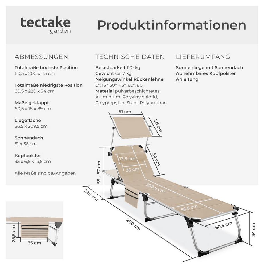 Tectake Sonnenliege Lorella gepolstert, klappbar mit Aluminiumgestell, stufenlos verstellbares Sonnendach  