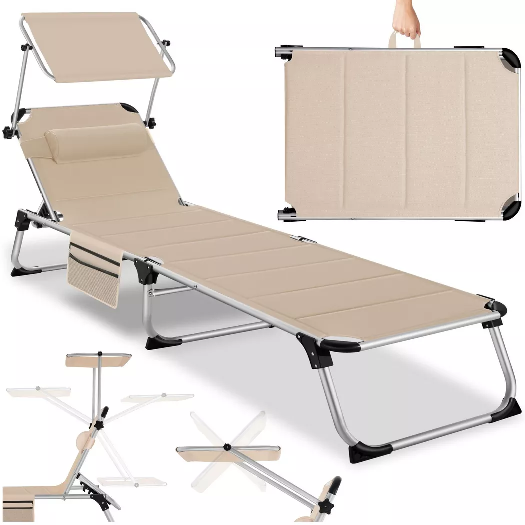 Tectake - Tumbona Lorella acolchada y plegable  Cómoda tumbona con techo solar y ajustable sin escalonamientos  Con cubierta de fibra sintética transpirable, resistente y con cojín desmontable para la